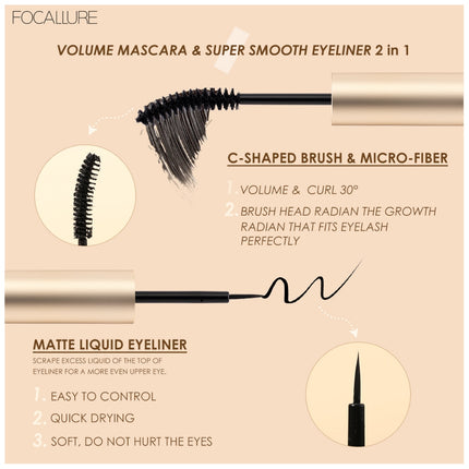 FOCALLURE 2 In 1 Waterproof Maskara & Eyeliner fiber eyelash primer