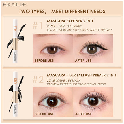 FOCALLURE 2 In 1 Waterproof Maskara & Eyeliner fiber eyelash primer