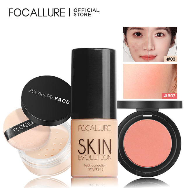 FOCALLURE 3PCS Set Oil Control Loose Powder Foundation Blush