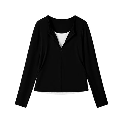 GRENEY-Baju Wanita 2 in 1 Ritsleting Lengan Panjang Ritsleting pinggang ramping warna kontras wanita ketat O neck V neck atasan nyaman solid Panjang Top Ritsleting setengah terbuka Kain lembut terasa nyaman dan sejuk-89878