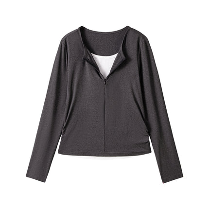 GRENEY-Baju Wanita 2 in 1 Ritsleting Lengan Panjang Ritsleting pinggang ramping warna kontras wanita ketat O neck V neck atasan nyaman solid Panjang Top Ritsleting setengah terbuka Kain lembut terasa nyaman dan sejuk-89878