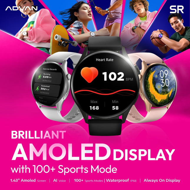 ADVAN Smartwatch SR | Amoled Display 1.43" | Bluetooth Call | Ai Voice Assistant | Waterproof IP68 |  Bluetooth 5.2 | 100+ Mode Sport | Material ZInc Alloy | Up To 15-Days Battery Life