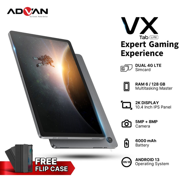ADVAN Tab Vx Lite | Octa Core 2.0Ghz | 6GB/128 GB | 10.4 Inch WUXGA+ (2K) | Tablet Dual Sim Card 4G LTE