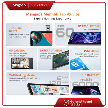 ADVAN Tab Vx Lite | Octa Core 2.0Ghz | 6GB/128 GB | 10.4 Inch WUXGA+ (2K) | Tablet Dual Sim Card 4G LTE