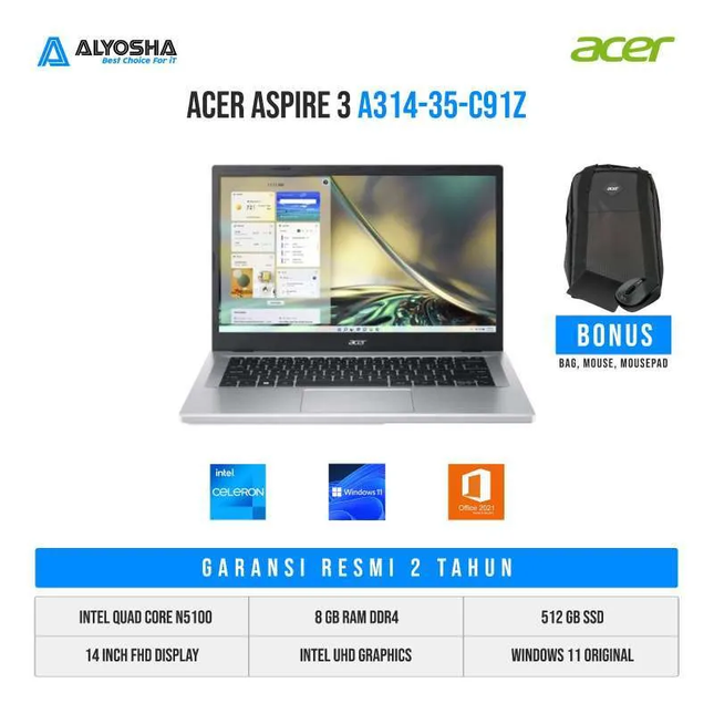 Acer Aspire 3 A314-35-C91Z - Silver [Intel Quad core N5100-8GB-SSD 512GB]