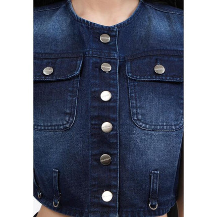 COLORBOX Button Up Denim Cropped Top Dark Blue