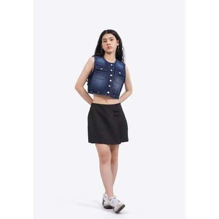 COLORBOX Button Up Denim Cropped Top Dark Blue