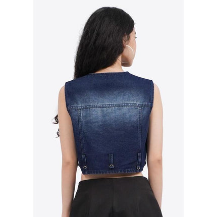 COLORBOX Button Up Denim Cropped Top Dark Blue