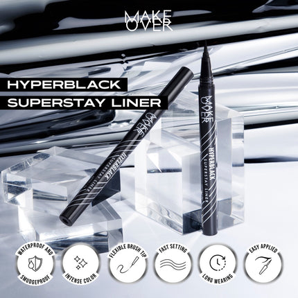 MAKE OVER Hyperblack Superstay Liner - Eyeliner BEST SELLER Hitam Pigmented Waterproof Smudgeproof Tahan Seharian Tidak Luntur untuk Daily Pesta Part Wing Liner