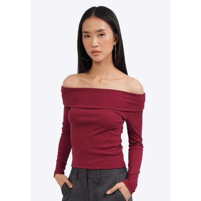 COLORBOX Long Sleeve Off Shoulder Top Dark Red