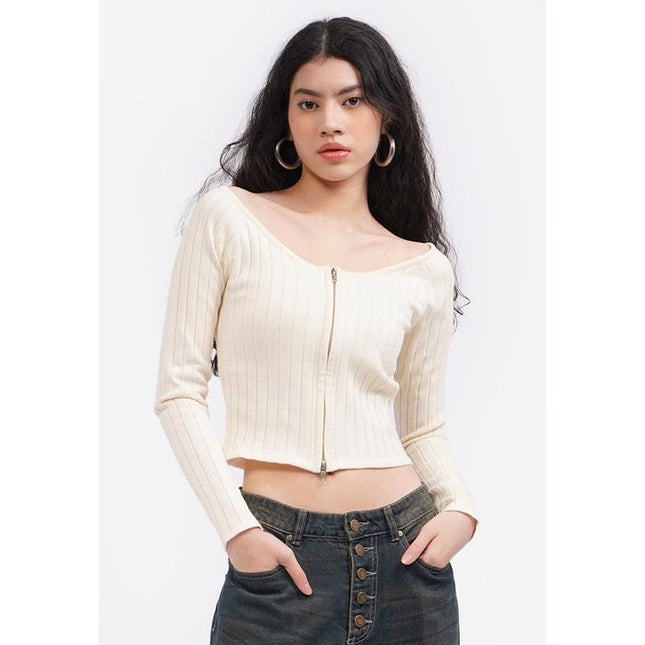 COLORBOX Off Shoulder Long Sleeve Zip Top Ecru