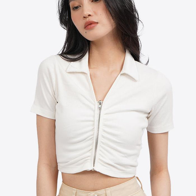 COLORBOX Ruched Front Polo Crop Top Off White