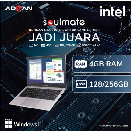 Advan Soulmate Notebook - Grey ( N4020 / 4GB / 128GB eMMC / UMA / 14" HD / Win11 )