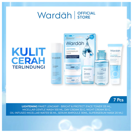 Wardah Lightening Paket Lengkap - Bright & Protect (Serum Ampoule, Night Cream, Face Toner, Day Cream, Facial Wash, Sheet Mask