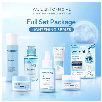 Wardah Lightening Paket Lengkap - Bright & Protect (Serum Ampoule, Night Cream, Face Toner, Day Cream, Facial Wash, Sheet Mask