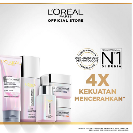 L'Oreal Paris Glycolic Bright Glowing Skincare Set Mencerahkan - Facial Foam 50 ml, Toner 65ml, Serum 15ml, Day & Night Cream 15ml