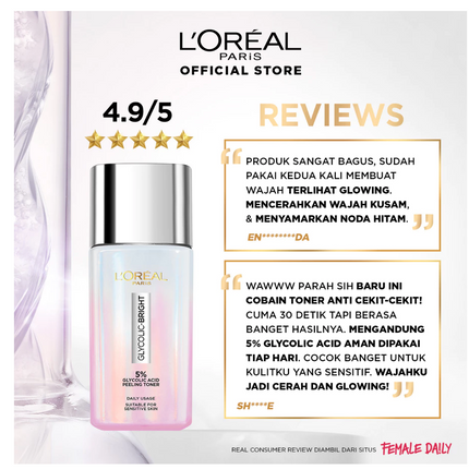 L'Oreal Paris Glycolic Bright Glowing Skincare Set Mencerahkan - Facial Foam 50 ml, Toner 65ml, Serum 15ml, Day & Night Cream 15ml