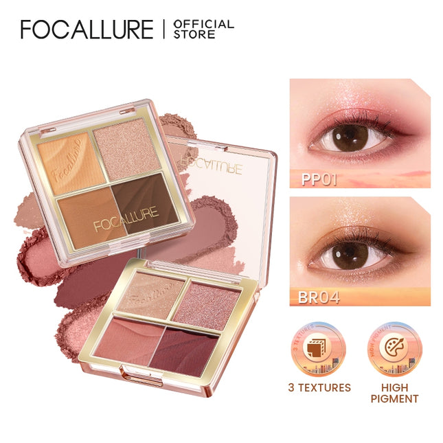 FOCALLURE Shimmer Eyeshadow Palette 4 Shades High Pigment #AmberGold