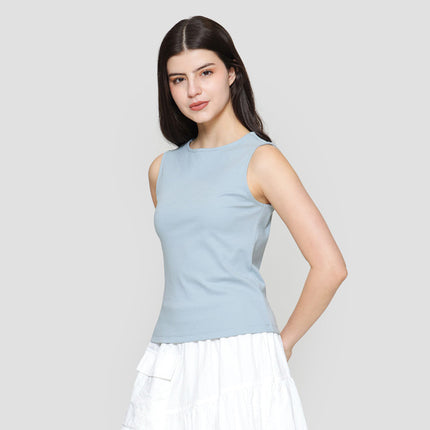 Suko Sleeveless Slit Kerah Bulat Tanpa Lengan Kaos Wanita 122240432