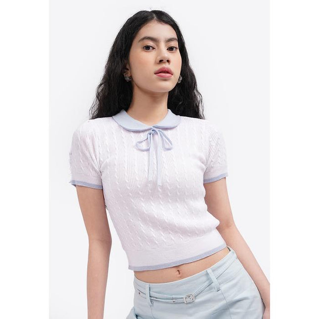 COLORBOX Tied Collar Short Sleeve Polo Top Off White