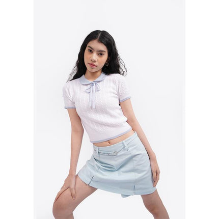 COLORBOX Tied Collar Short Sleeve Polo Top Off White